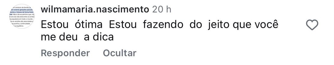 Comentário de seguidora dizendo que está bem seguindo o protocolo